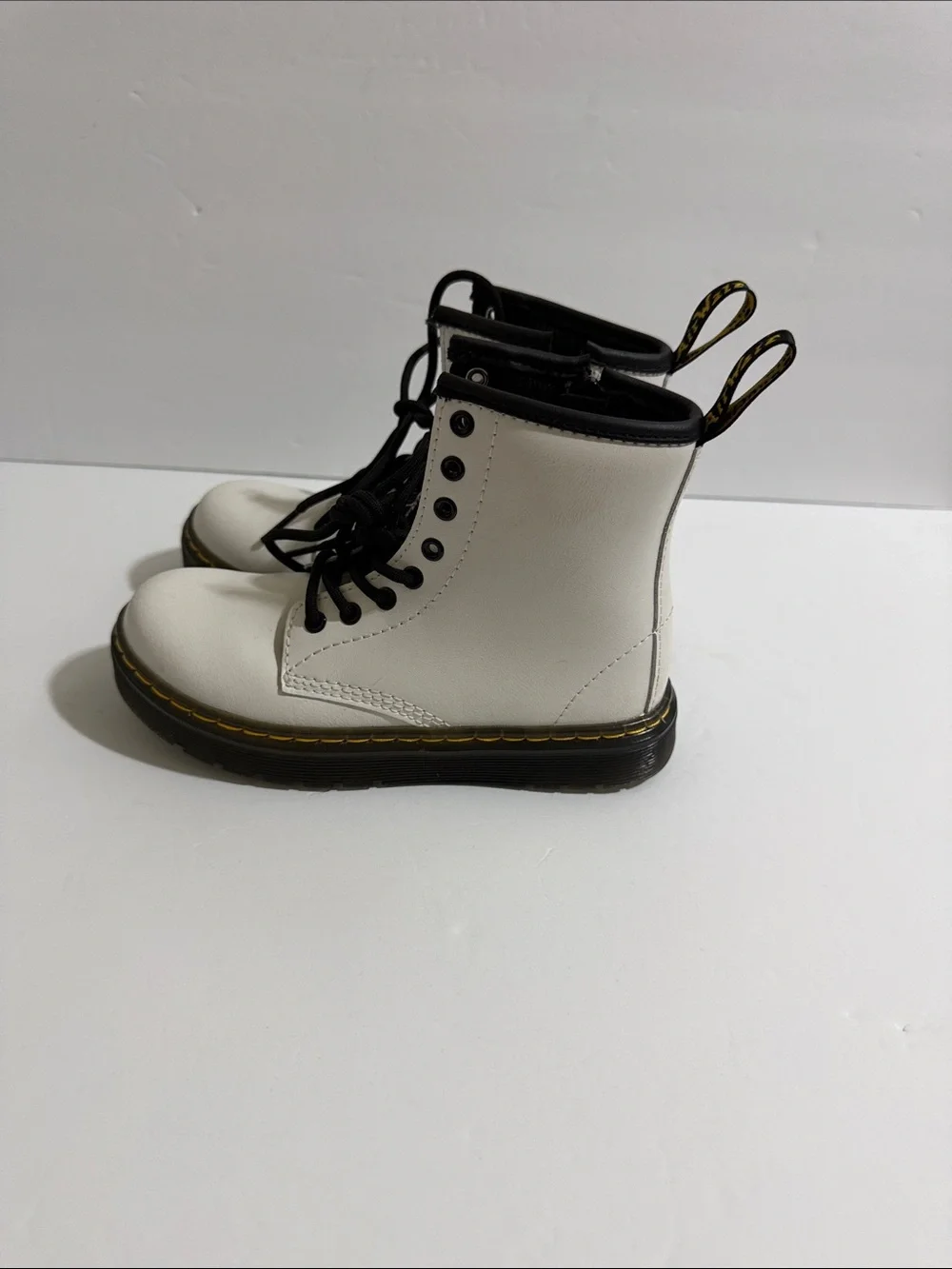 Dr. Martens Kids White Leather Ankle Boots with Black Accents